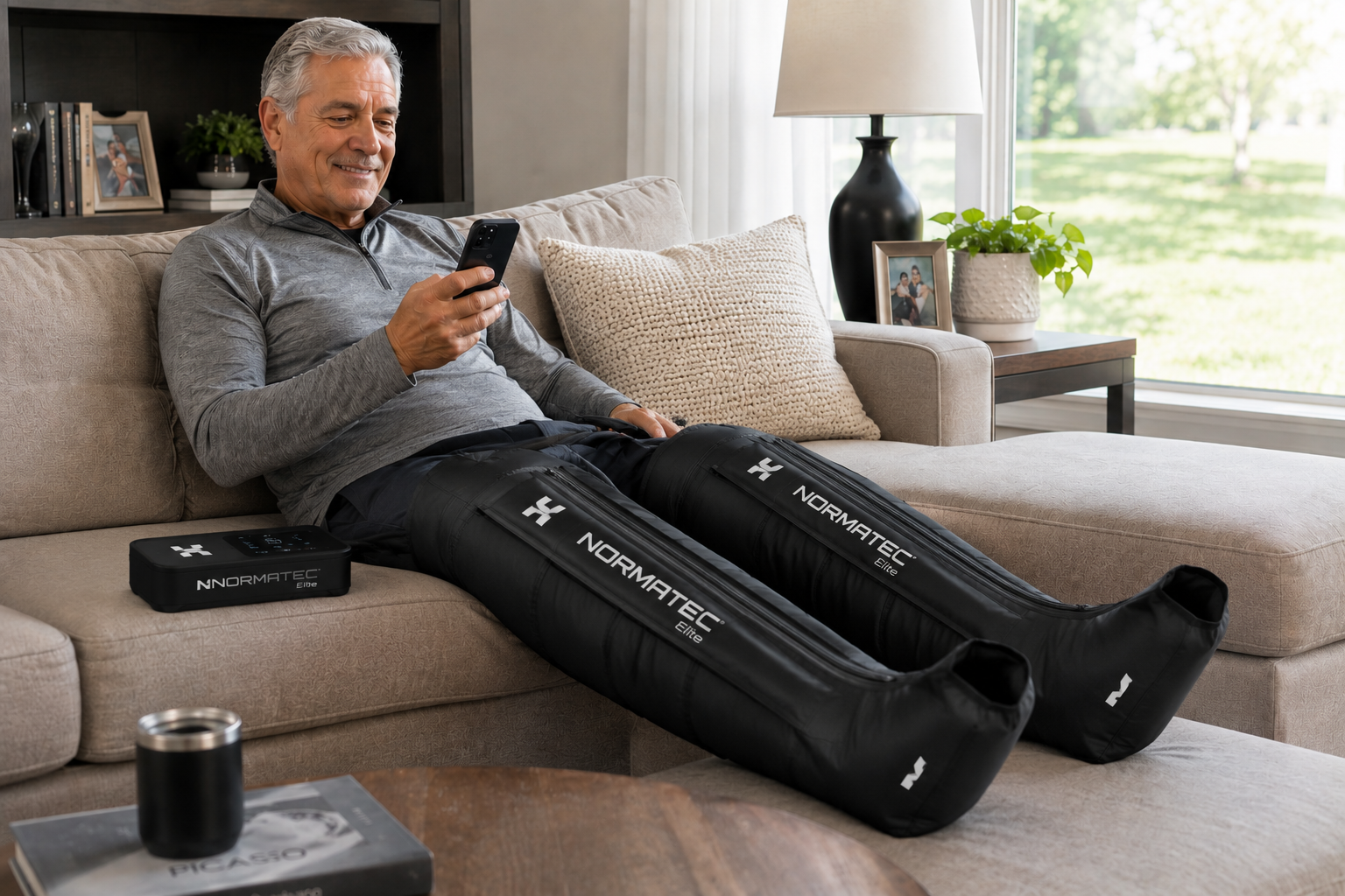 A mature adult relaxing at home while using Normatec Elite wireless compression boots