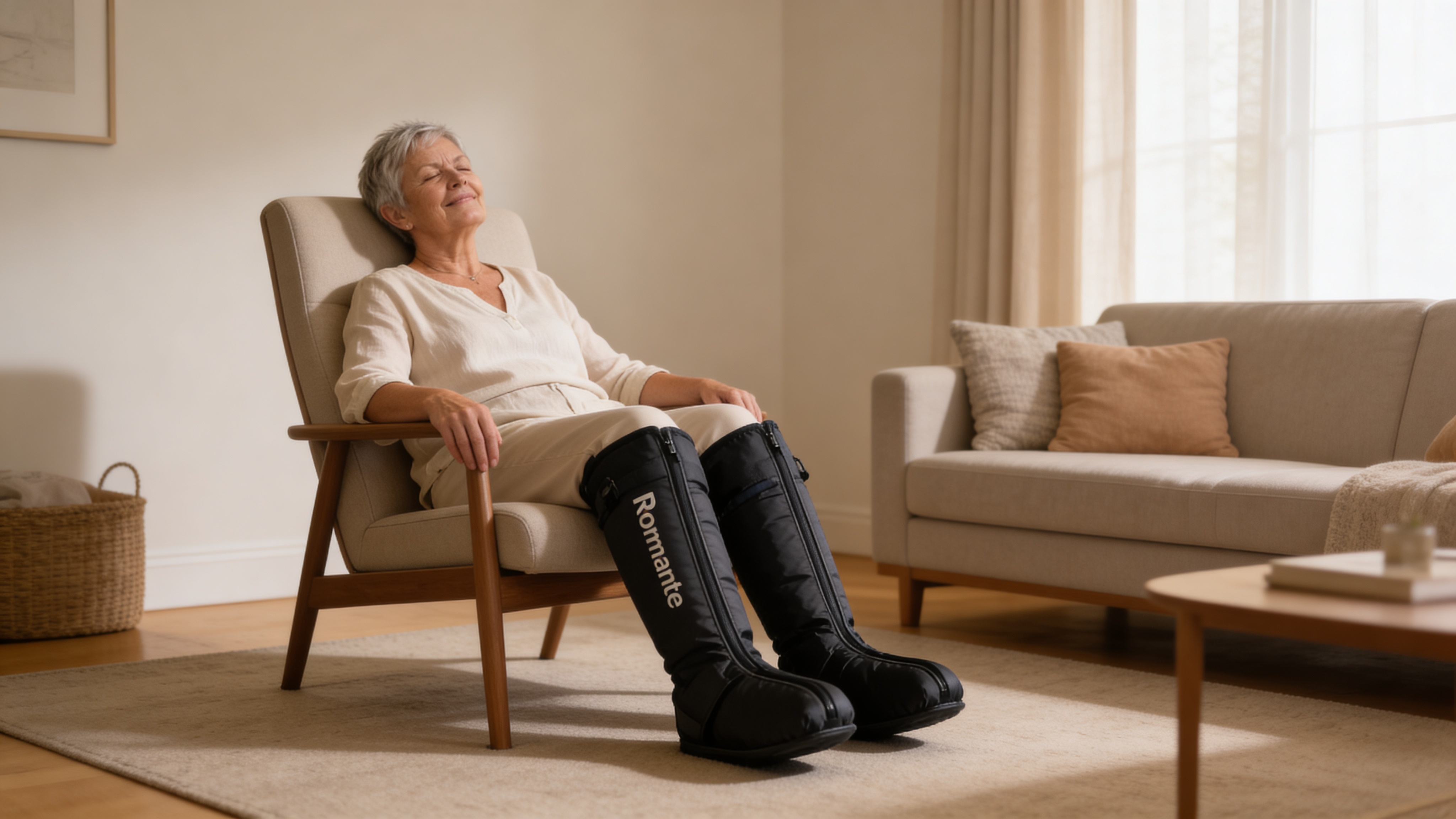 A relaxed woman enjoying leg recovery at home
