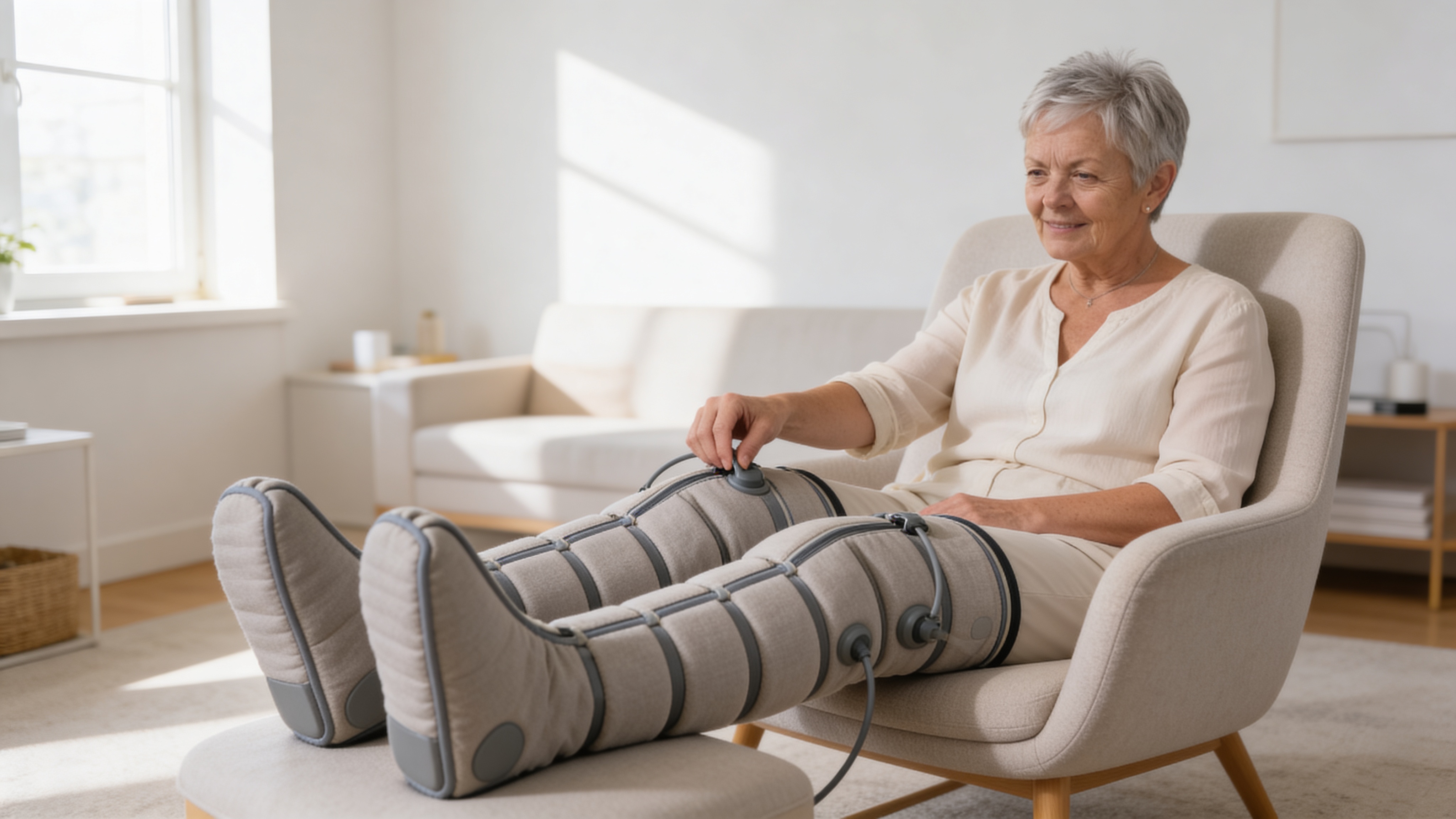 A woman comfortably using compression boots in her living room