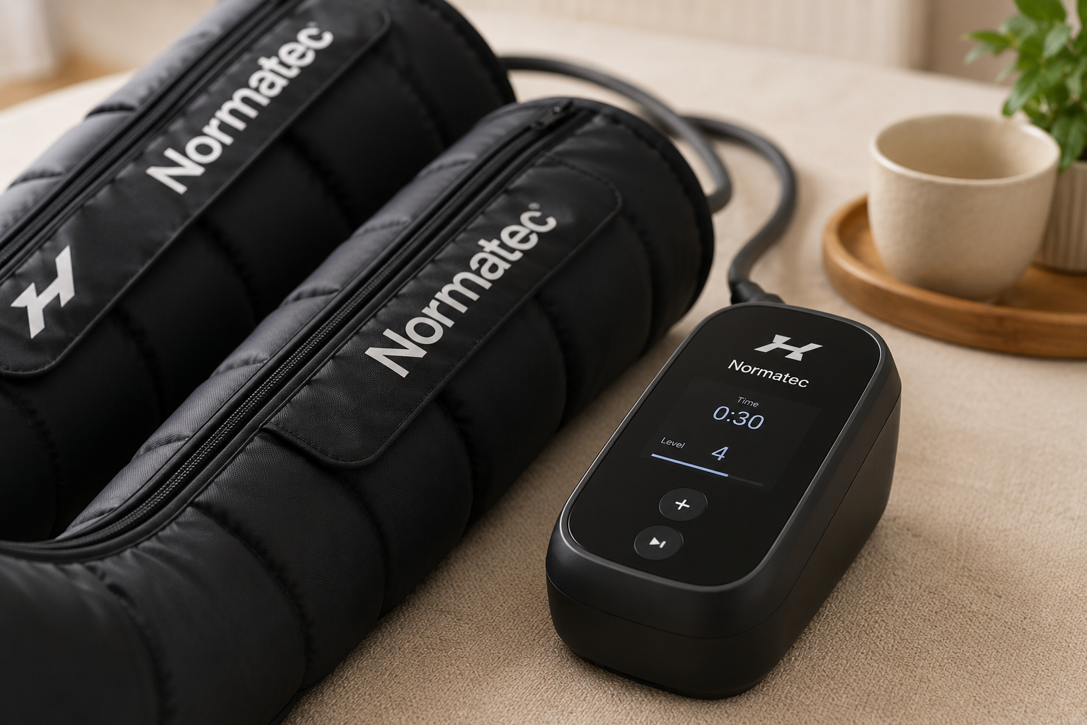 Close-up of Normatec compression boots and simple control unit
