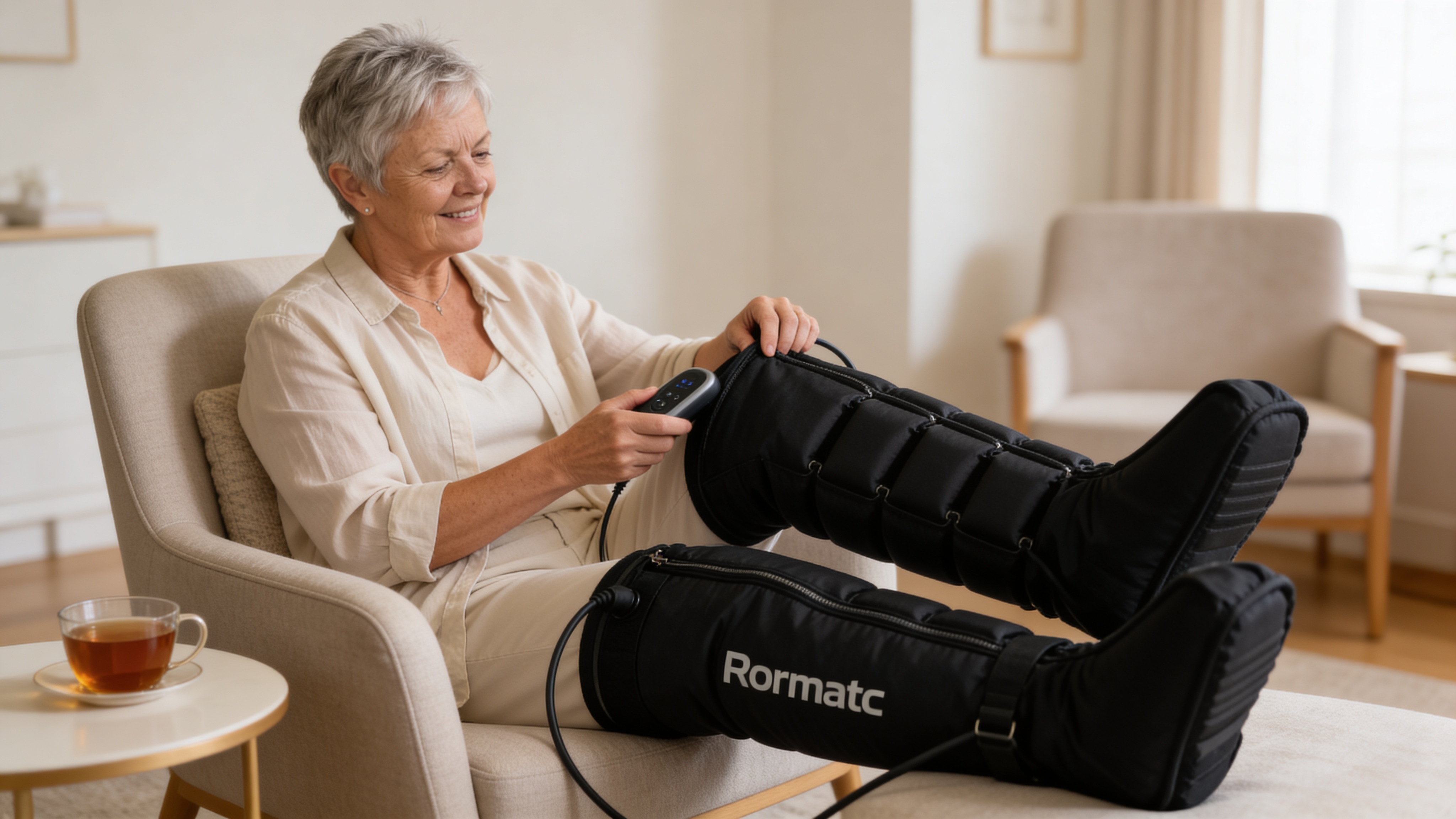 Woman relaxing at home while using Normatec compression boots