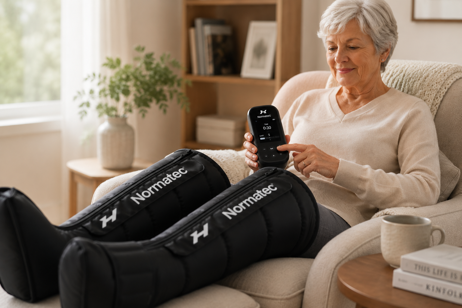 A woman relaxing at home using Normatec Elite boots with an easy-to-use handheld wireless control screen