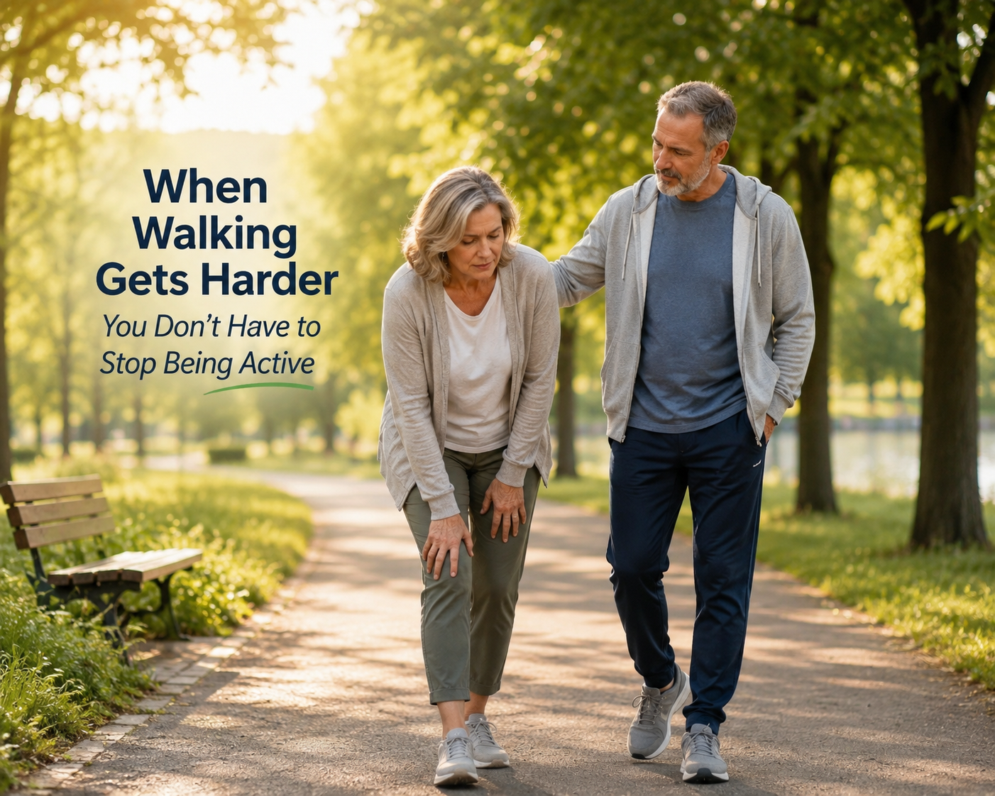 Older couple walking together in a sunny park as walking gets harder.