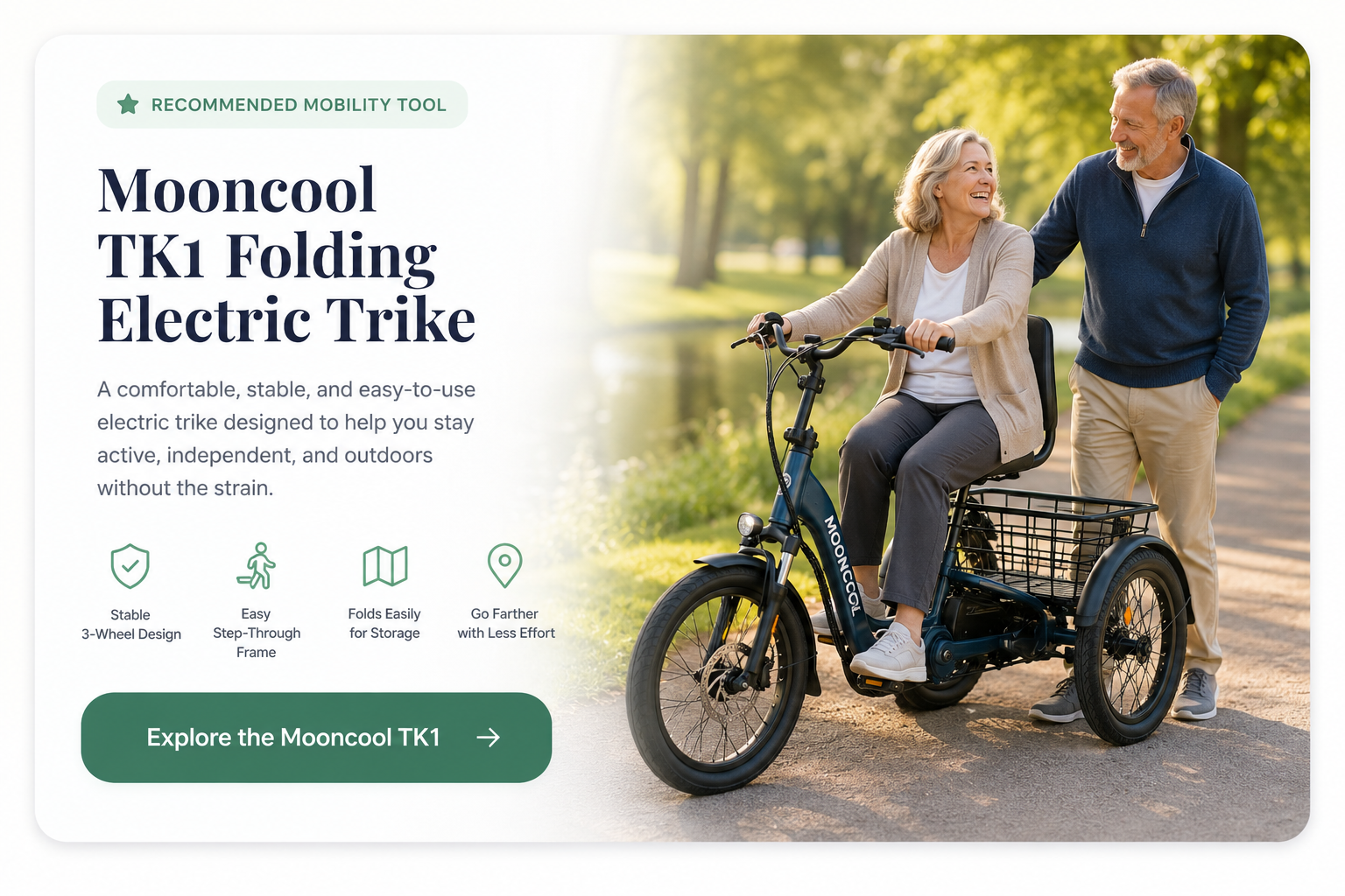 Mooncool TK1 folding electric trike recommended mobility tool card