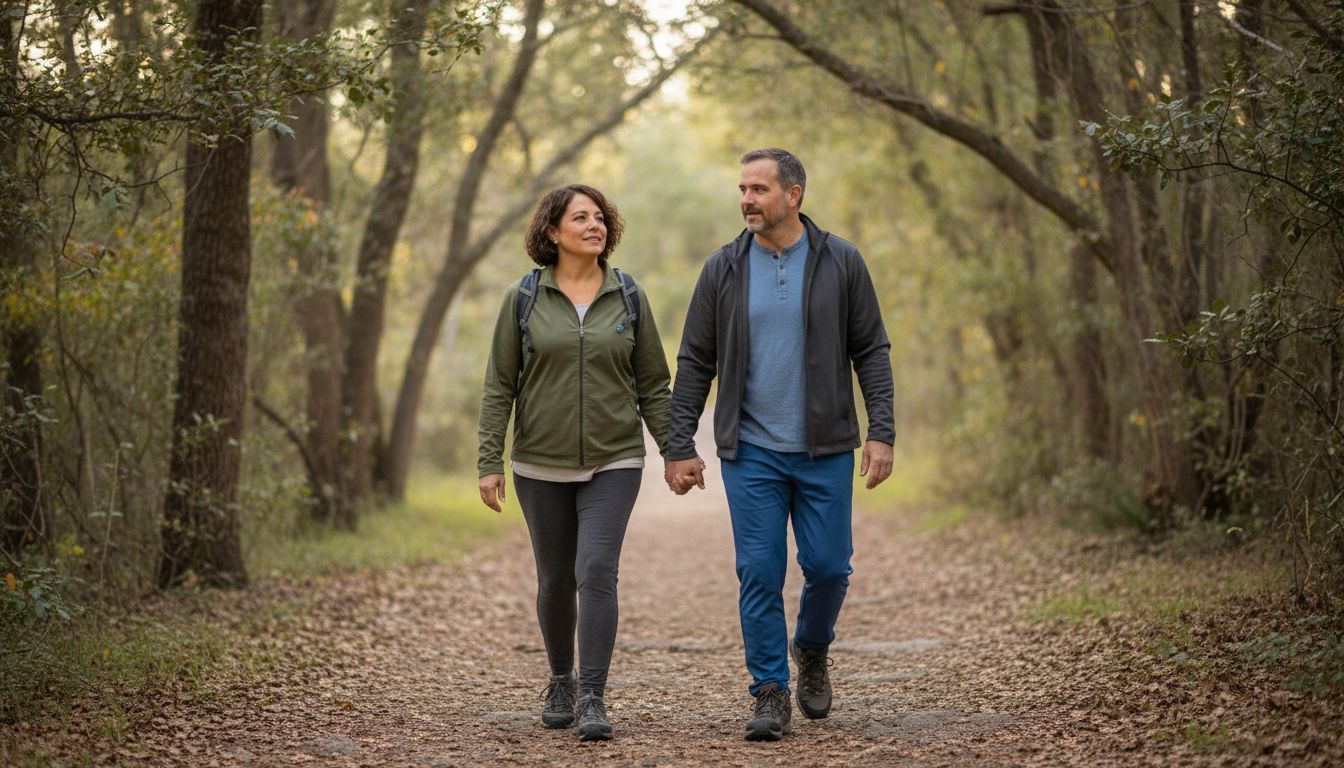 Mature couple walking together on a wooded path