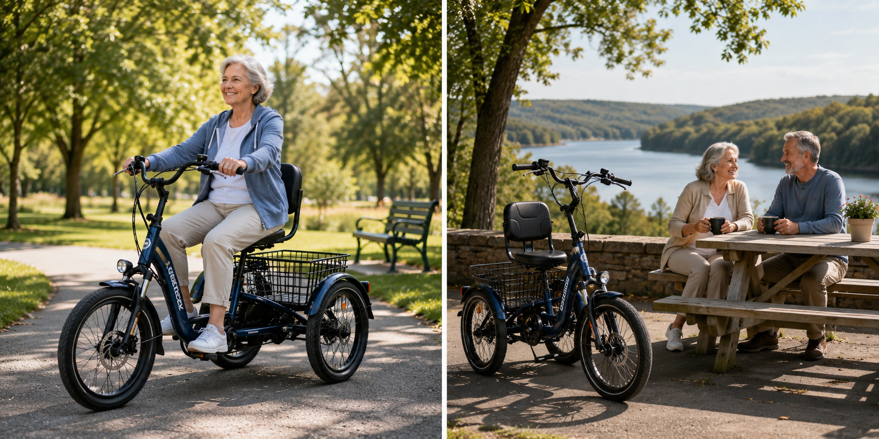 Older adults enjoying time outdoors with an electric tricycle.