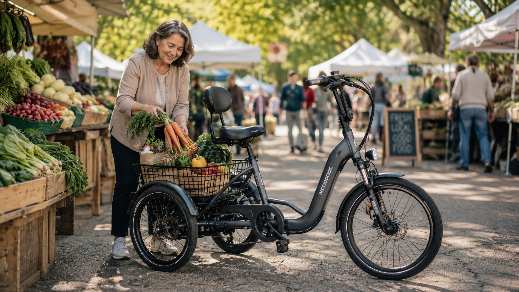 Older woman loading fresh produce into the basket of an electric tricycle at a farmers market