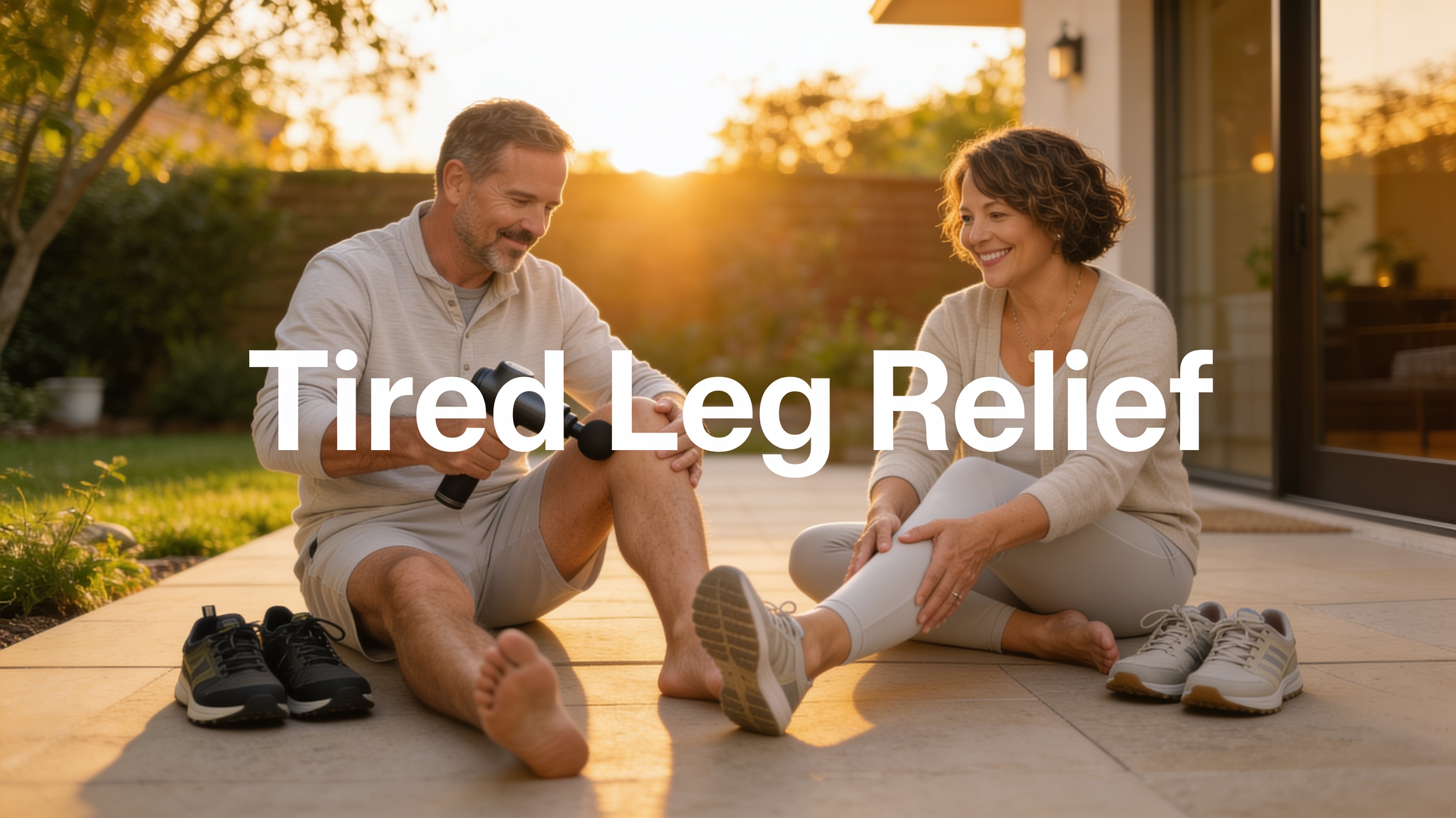 Older adults recovering after a walk with leg recovery tools in warm evening light