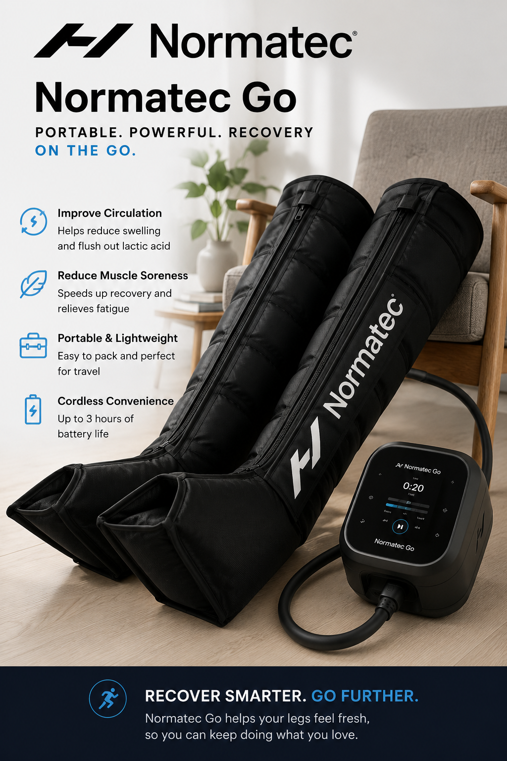 Normatec Go promotional graphic showing benefits and product