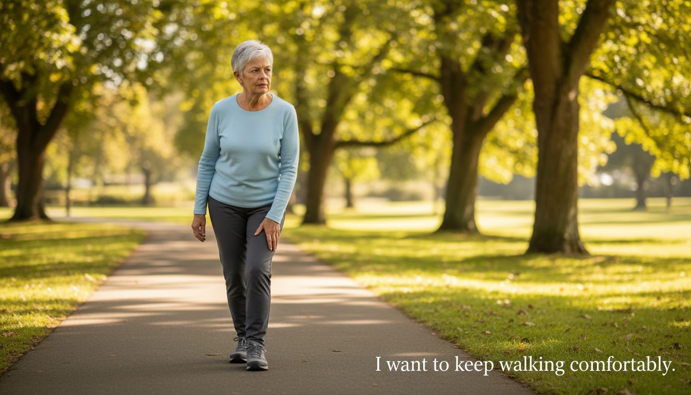 An older woman walking in a park, lightly holding her knee, with the text 'I want to keep walking comfortably'