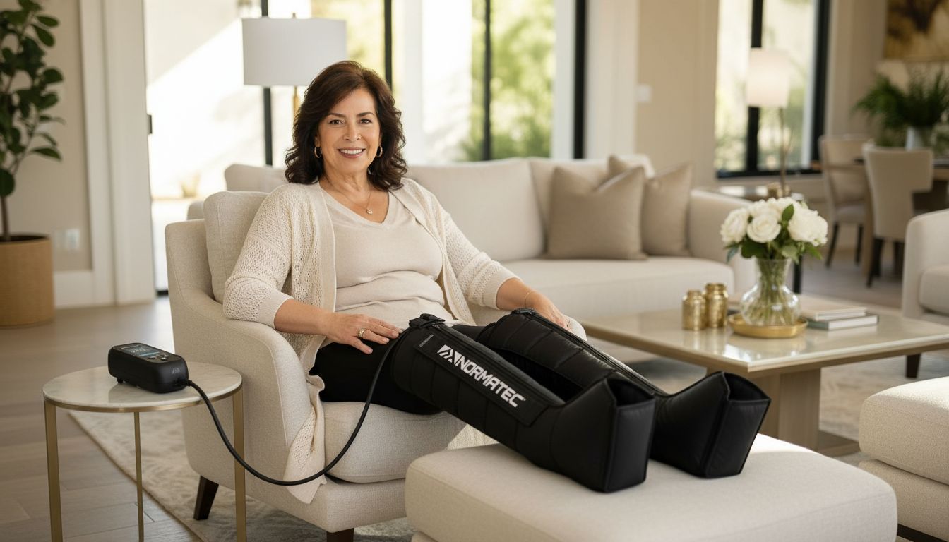 Woman relaxing at home while using premium compression boots