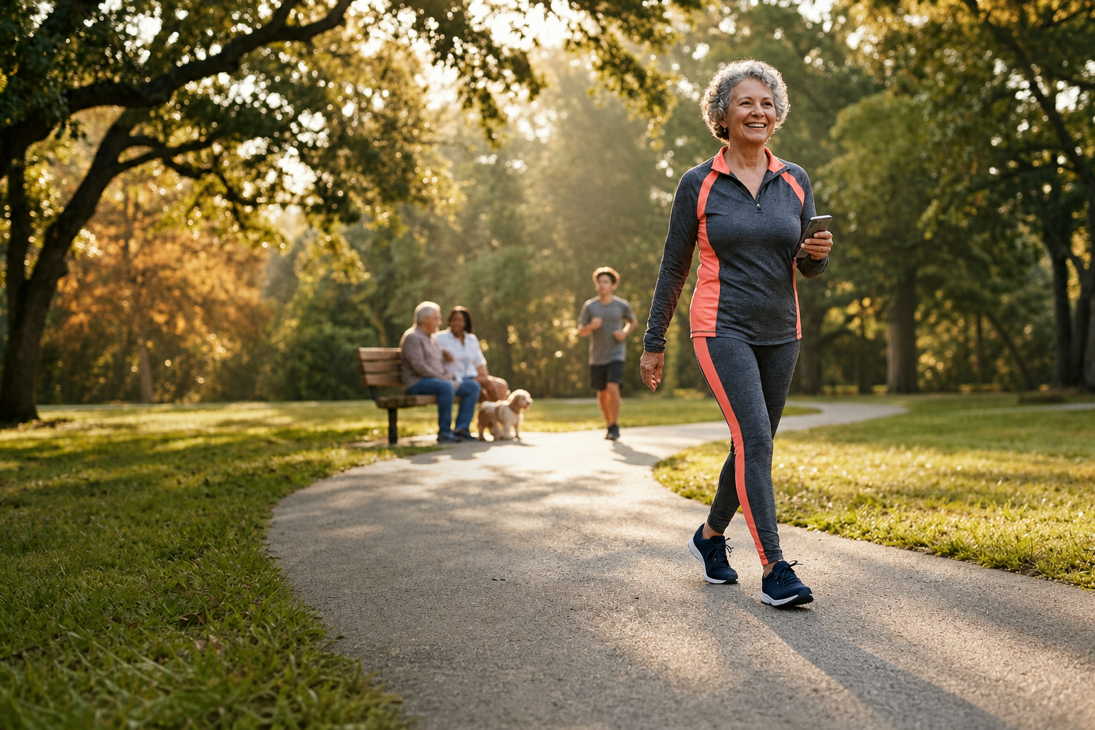 Older woman walking confidently in a sunny park holding her phone