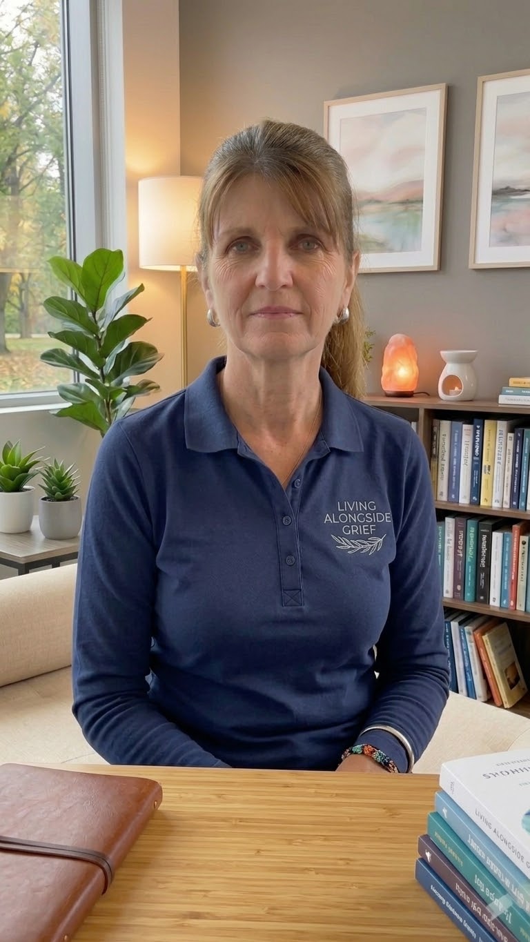 Gwen seated at a table wearing her navy Living Alongside Grief polo, with the shirt logo visible.