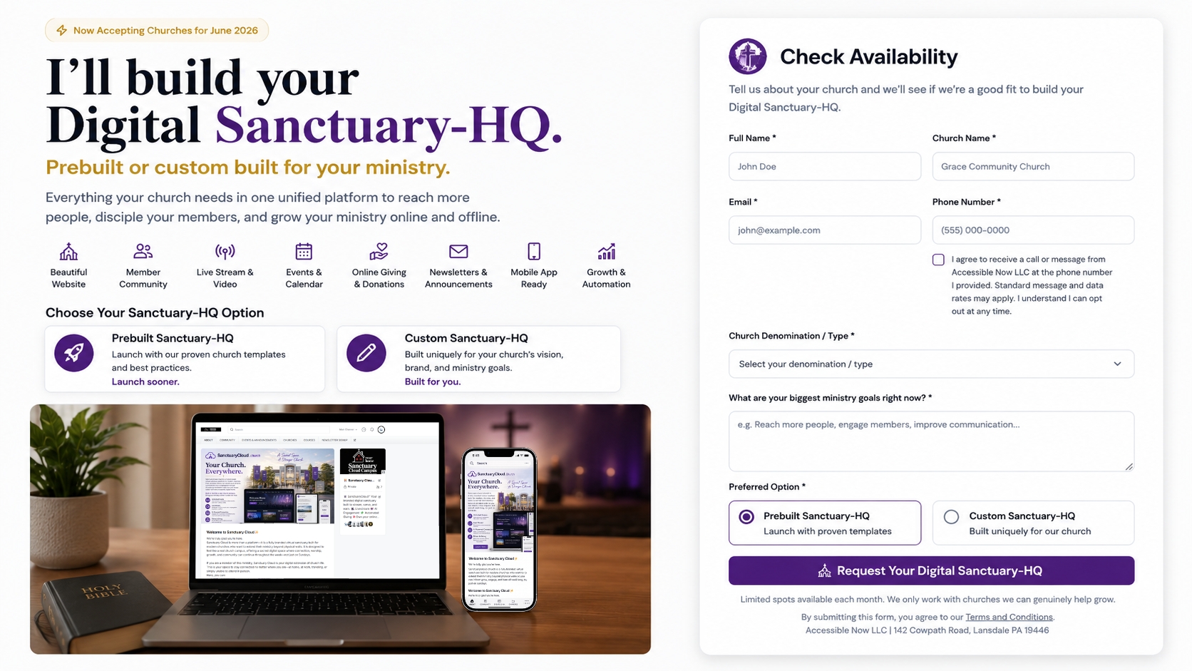 Sanctuary Cloud digital ministry platform preview showing a church website on laptop and mobile screens with purple branding