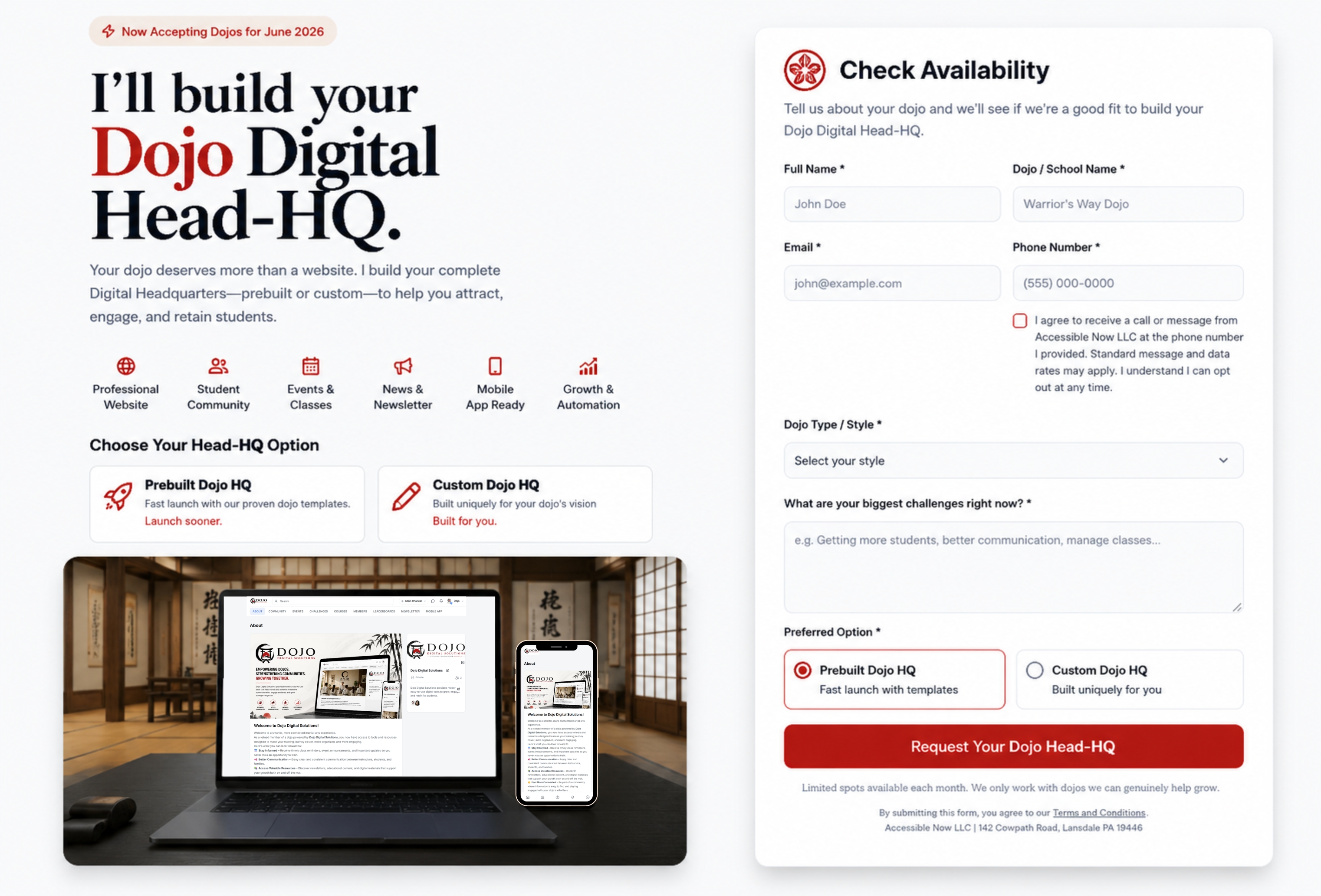 Dojo School digital headquarters platform preview showing a martial arts school website on laptop and mobile screens with bold red branding