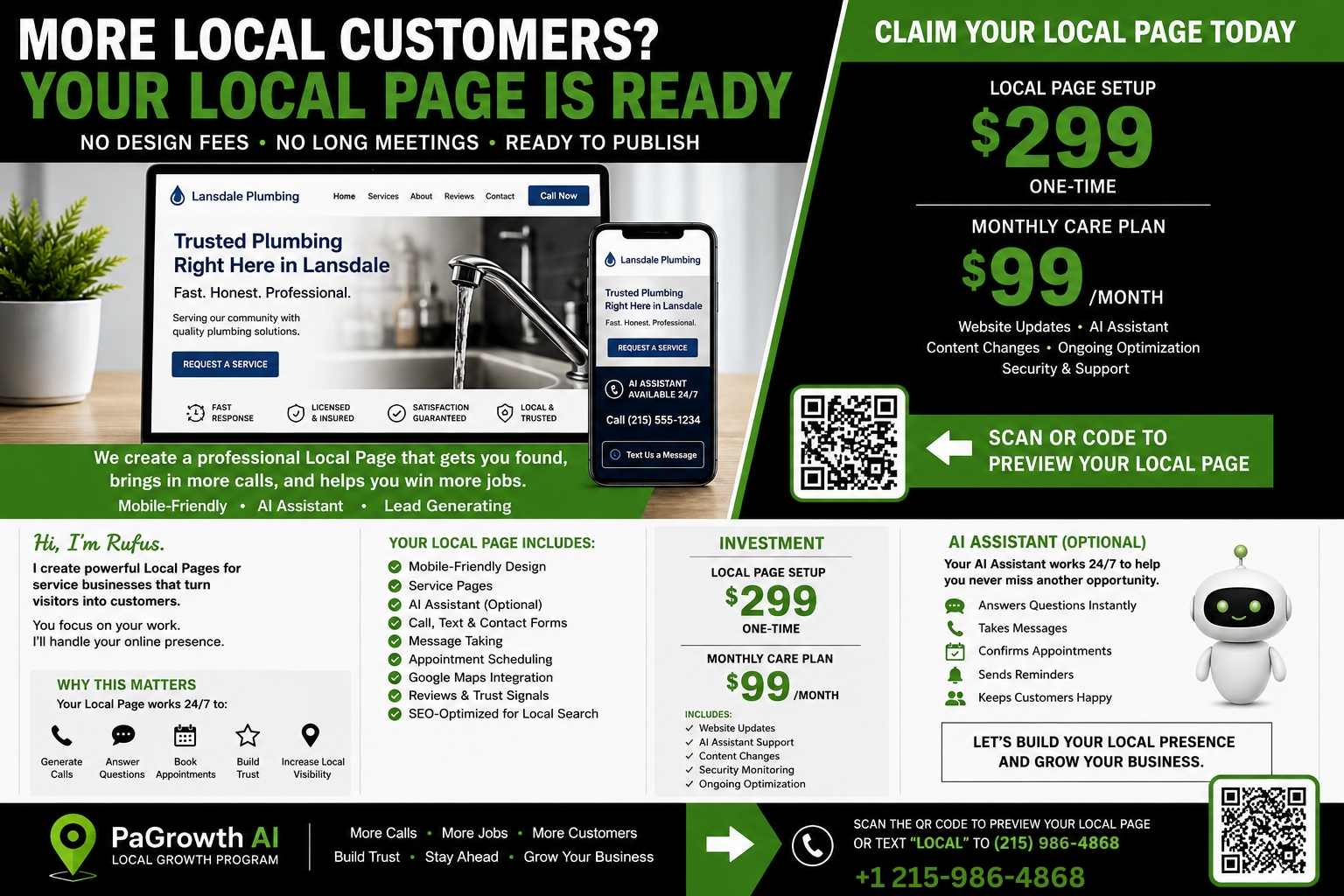 AI assistant features for local business including instant answers, message taking, appointment confirmations, and customer reminders