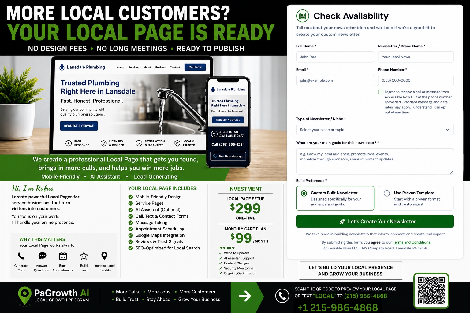 Local Page preview showing a professional service business website mockup on laptop and mobile with pricing details and feature highlights