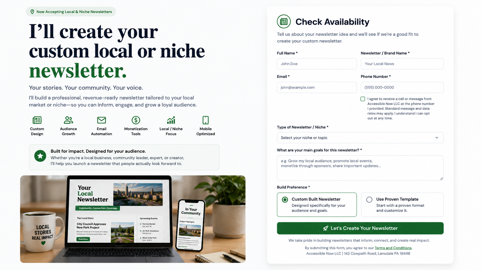 Custom local newsletter platform preview showing a newsletter website on laptop and mobile screens with green branding and email signup form
