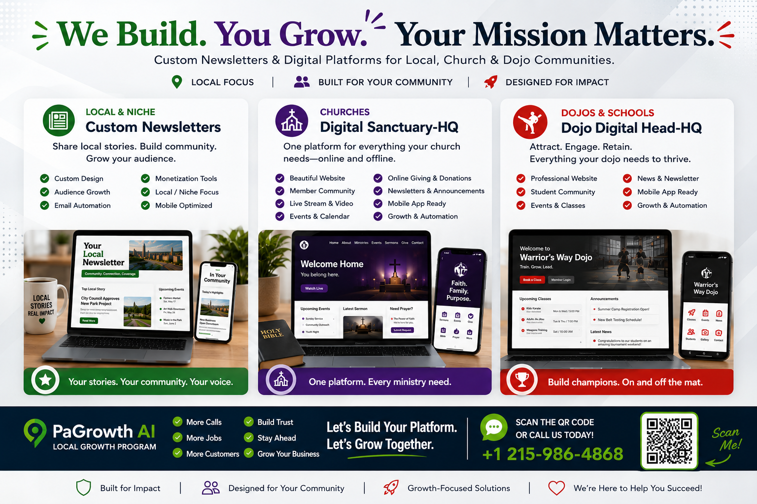 Buildy Growth platform overview showing custom newsletters, digital sanctuary for churches, and dojo digital headquarters with the tagline We Build You Grow Your Mission Matters