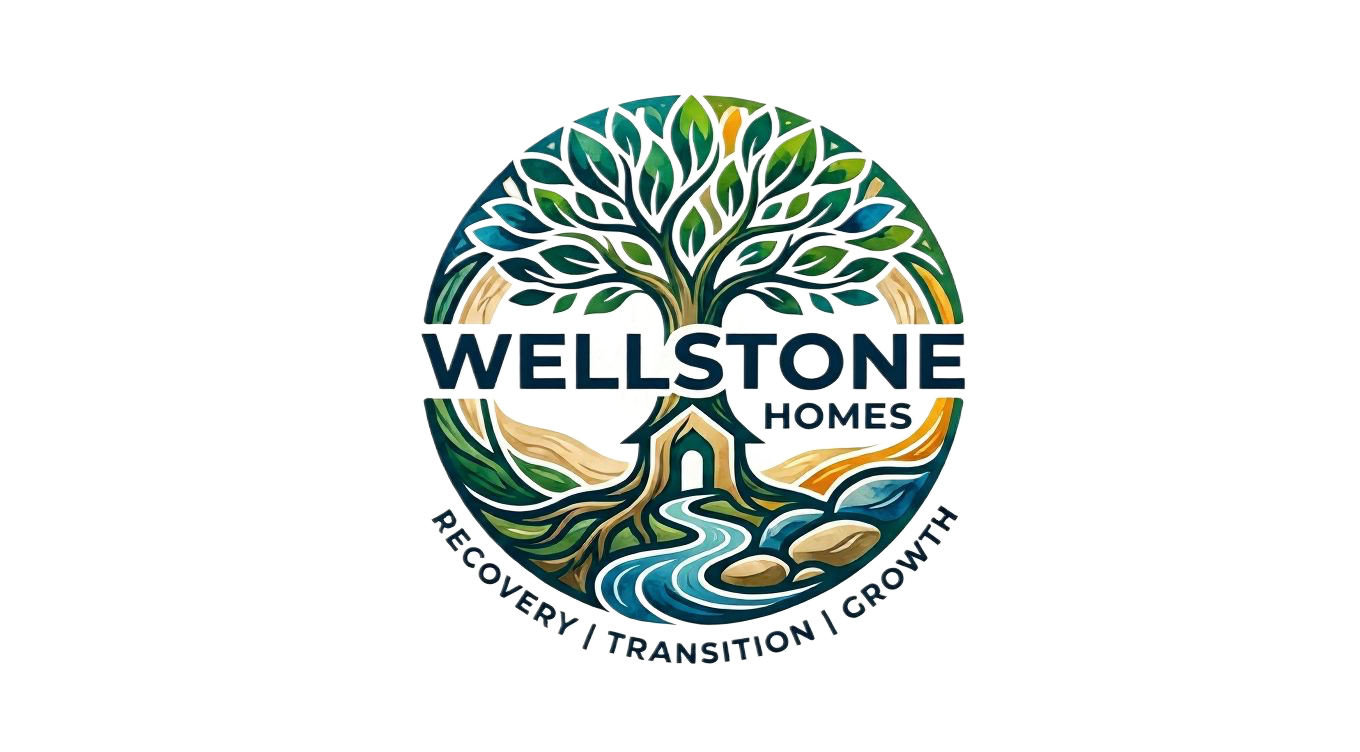 Wellstone Homes complete logo with tree, house, river, stones and Recovery Transition Growth tagline