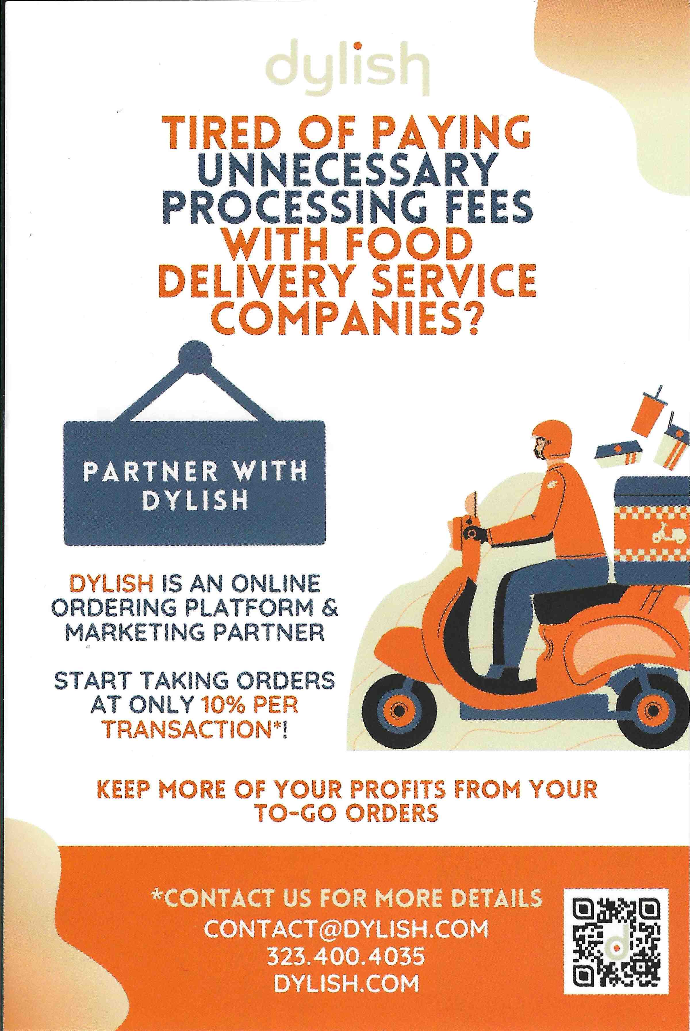Dylish flyer promoting online ordering and marketing support for restaurants at 10 percent per transaction