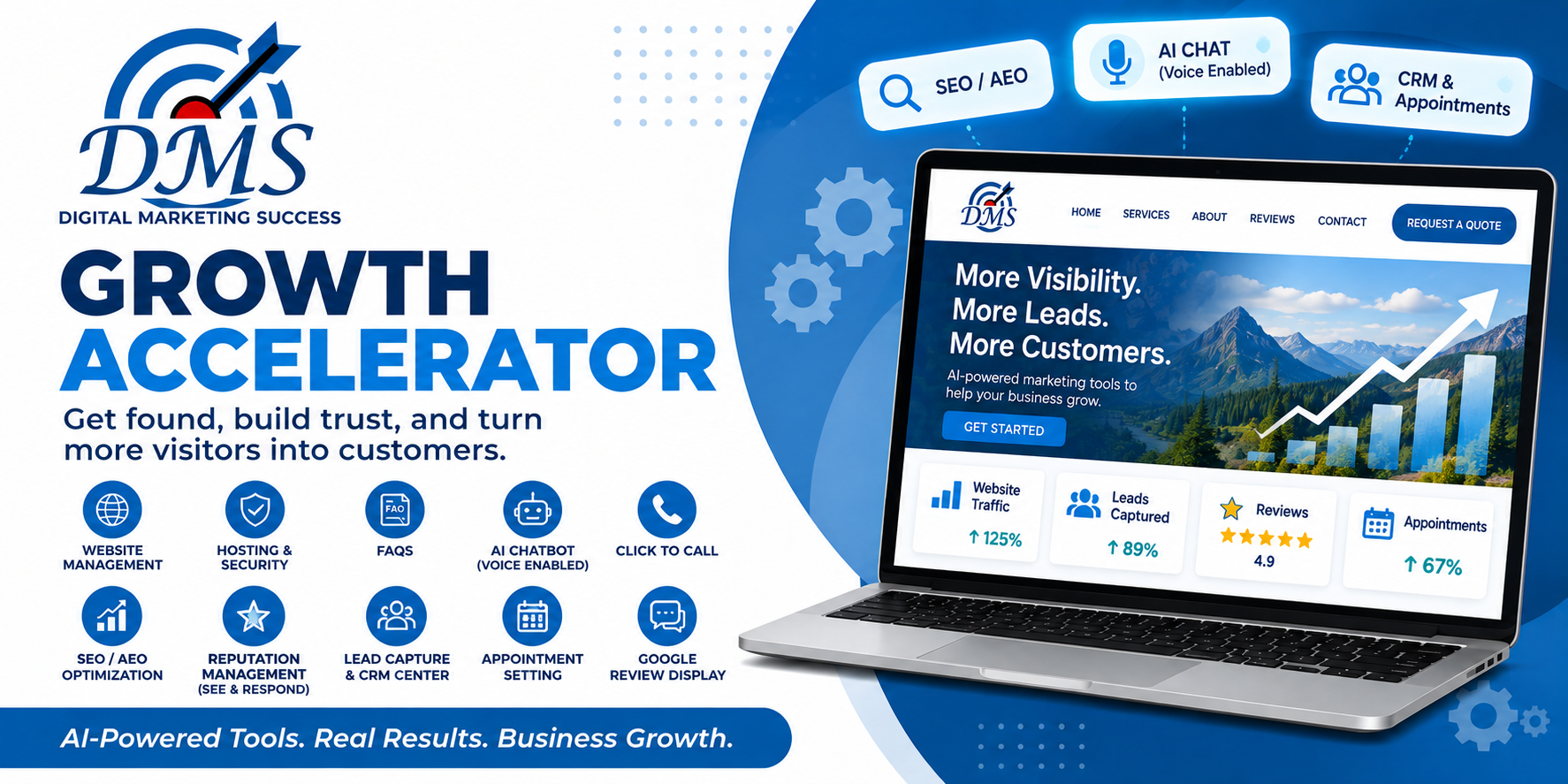 Growth Accelerator banner showing a website and growth graphics on a laptop.