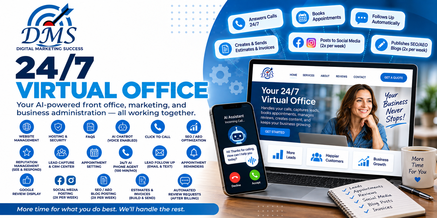 24/7 Virtual Office banner featuring a laptop and business support tools.