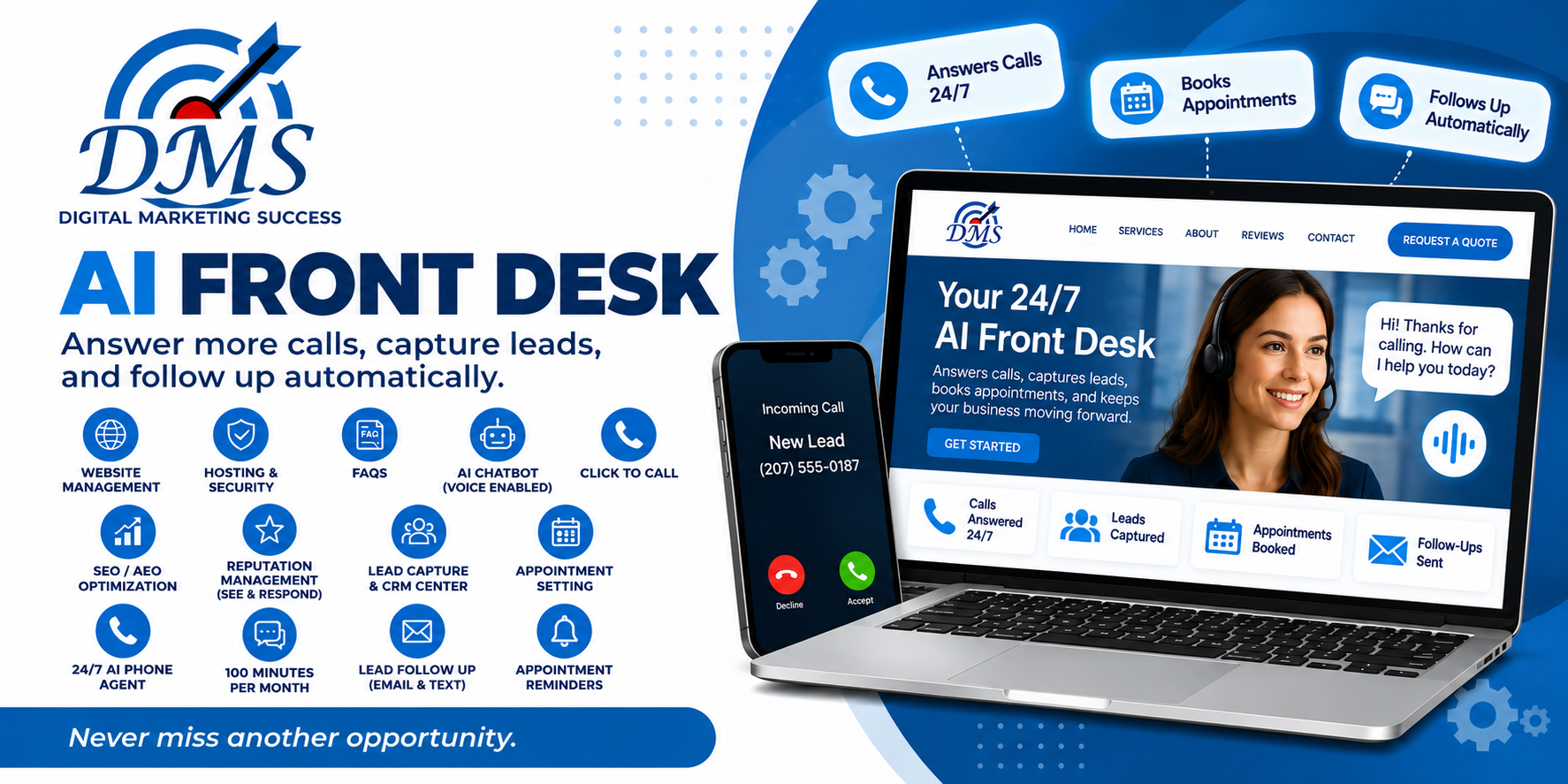 AI Front Desk banner showing a virtual receptionist beside a laptop.
