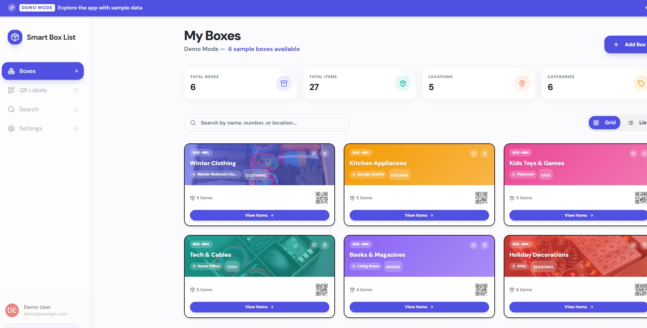 Smart Box List app demo — My Boxes dashboard view