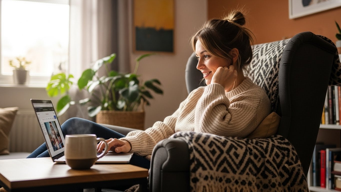 Woman relaxing in a cozy armchair at home, smiling while looking at her laptop with a warm drink nearby