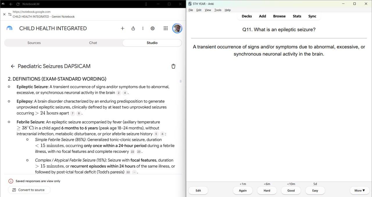 NotebookLM paediatric seizure notes shown beside a matching Anki flashcard