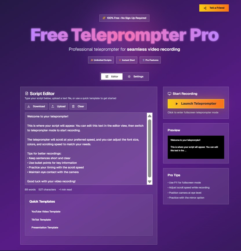 Free Teleprompter Pro app - безплатен телепромптър за видео записи