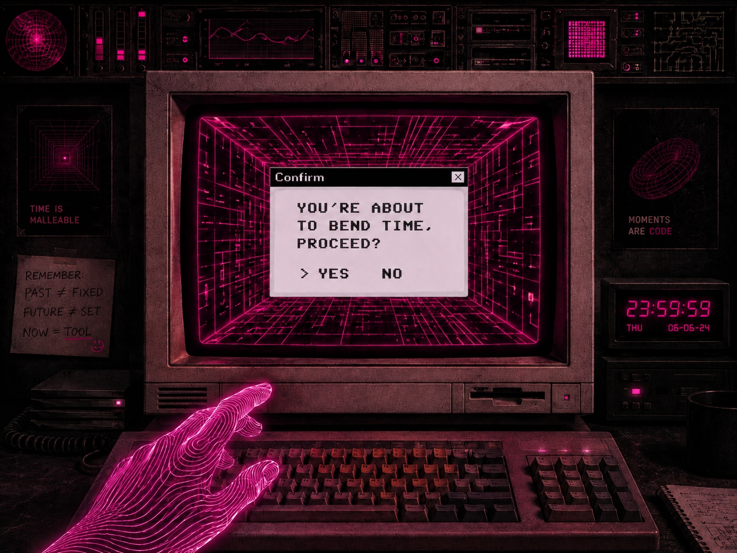 Retro computer workstation with glowing hot pink time-bending prompt