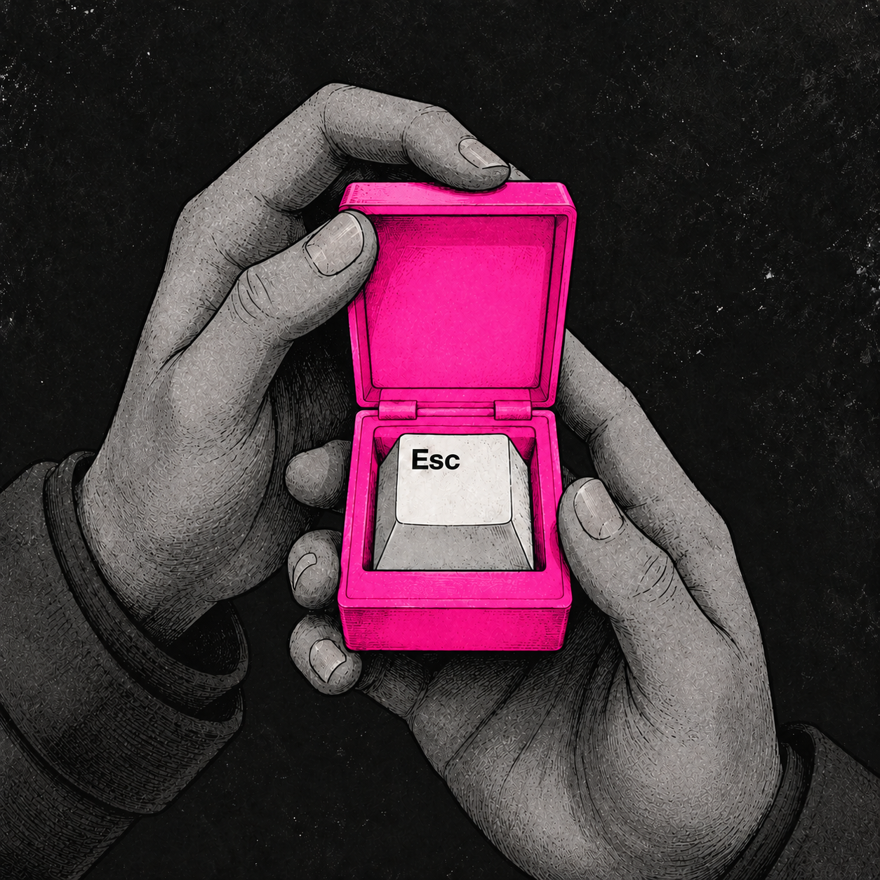 Hands holding a pink jewelry box containing a computer Escape key