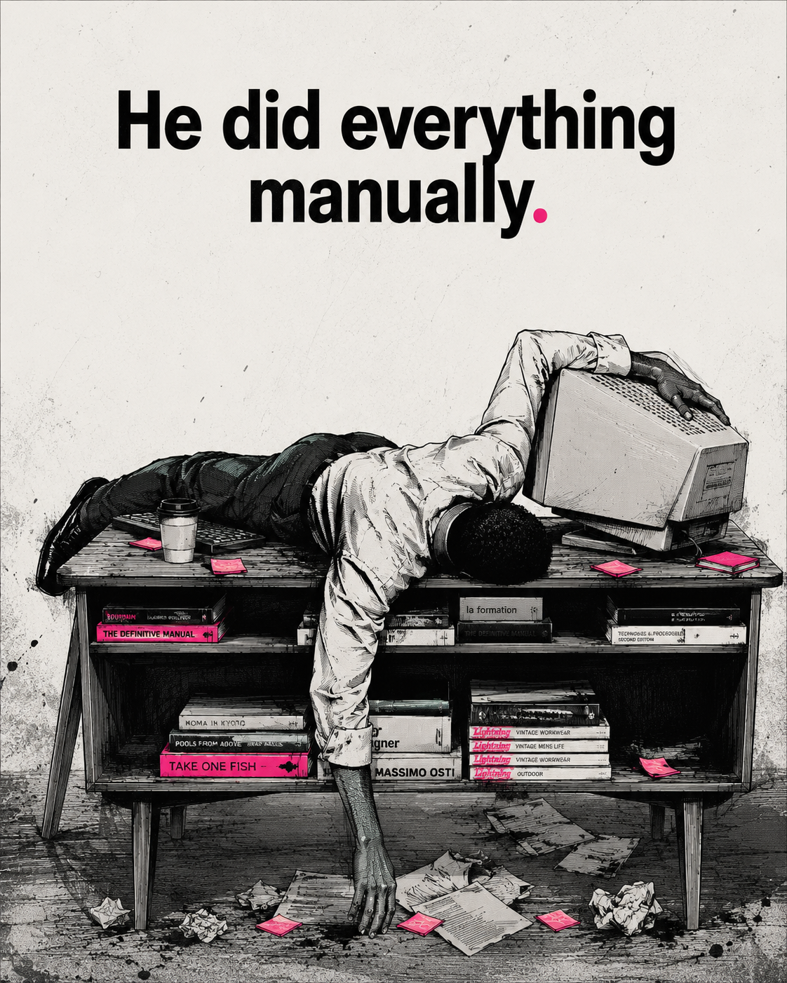 He did everything manually - illustration of a person collapsed on a desk