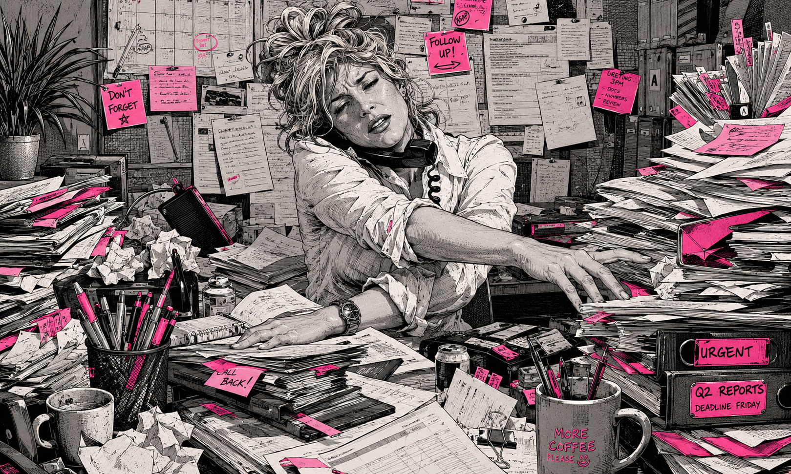 Overwhelmed person at a desk covered in papers and sticky notes