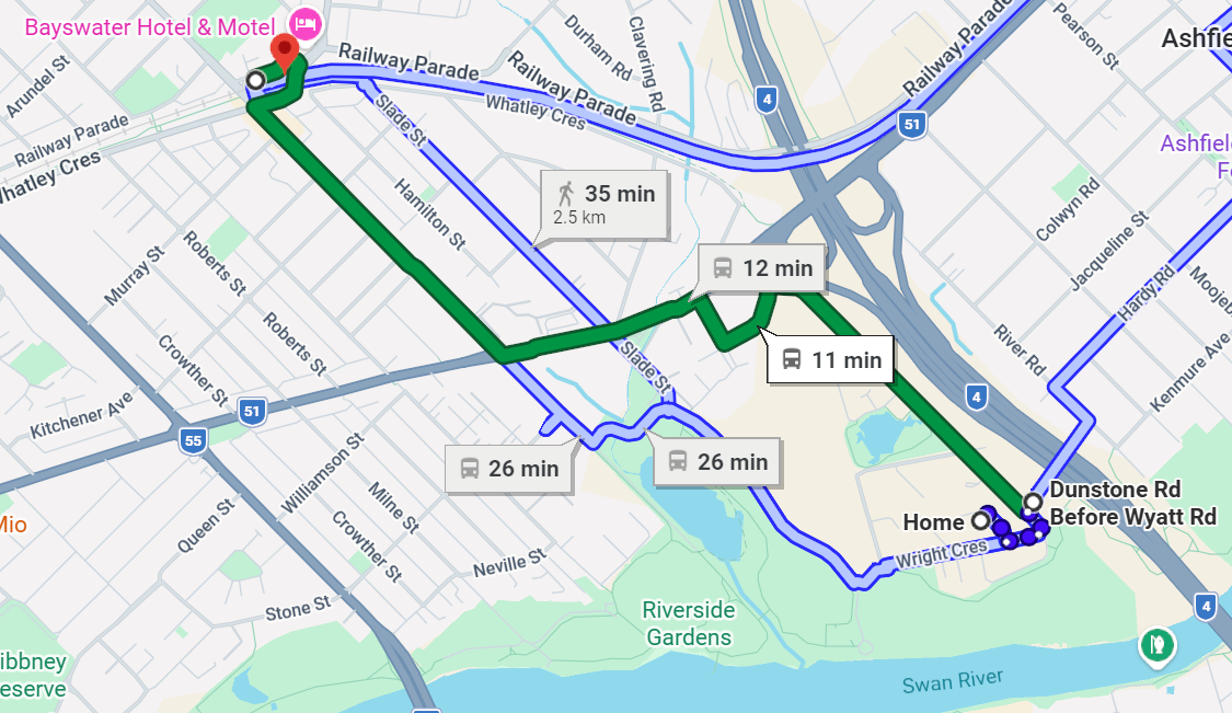 Map of Route 45 bus from Bayswater Station to Galaxy Beads Bayswater