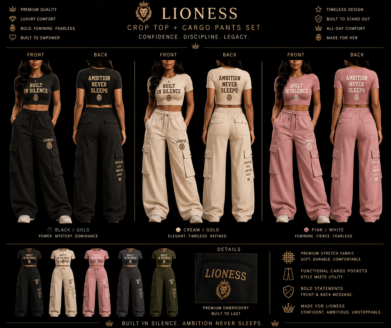 LION BUILT IN SILENCE™ Lioness Crop Top + Cargo Pants Set