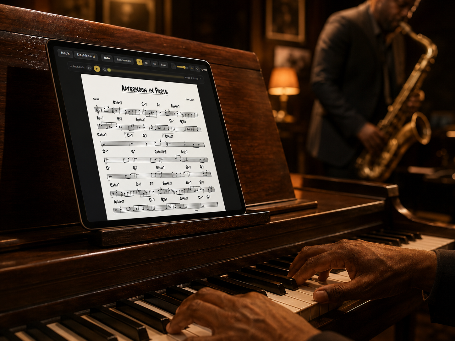 JazzMember chart viewer on a tablet above a piano keyboard in a warm jazz studio setting.