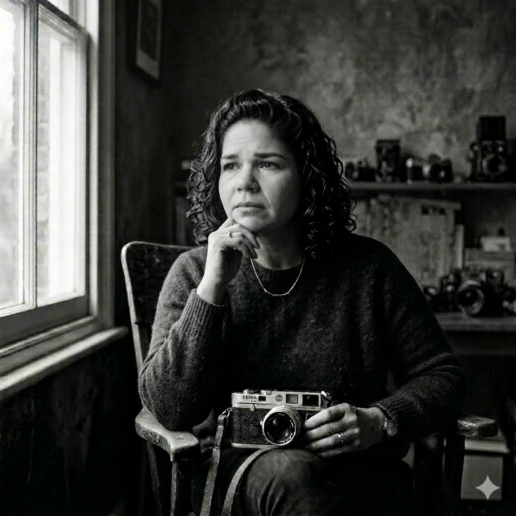 Andrea B. Denney seated by a window holding a camera