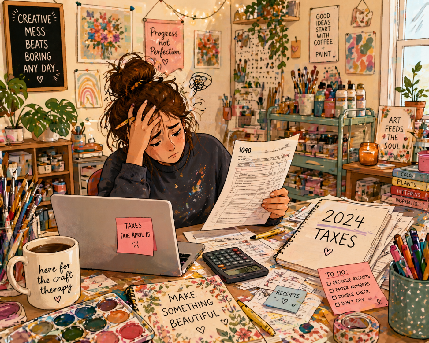 Crafty seller overwhelmed with taxes in her creative studio