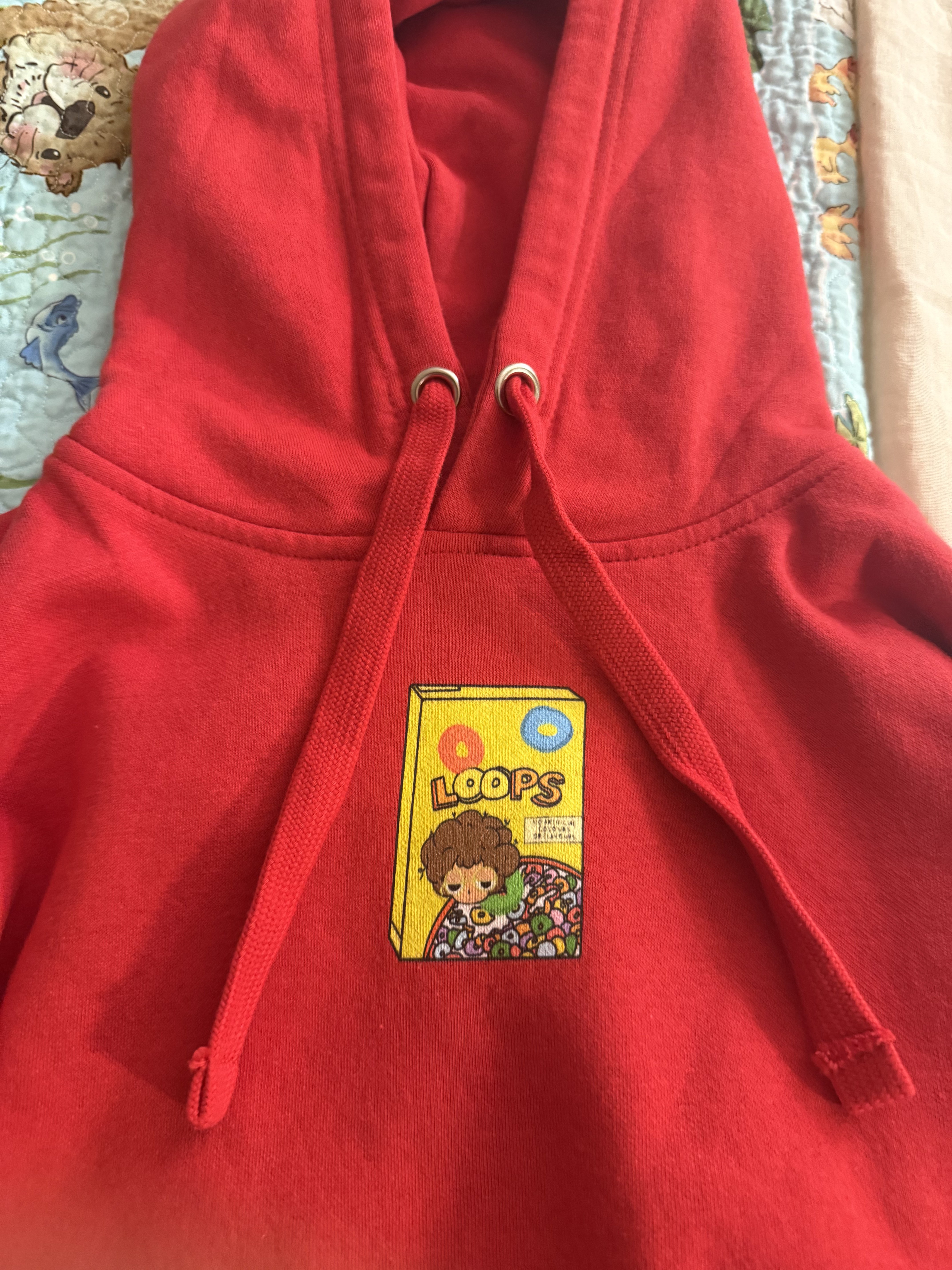Red Cereal Loops hoodie front detail