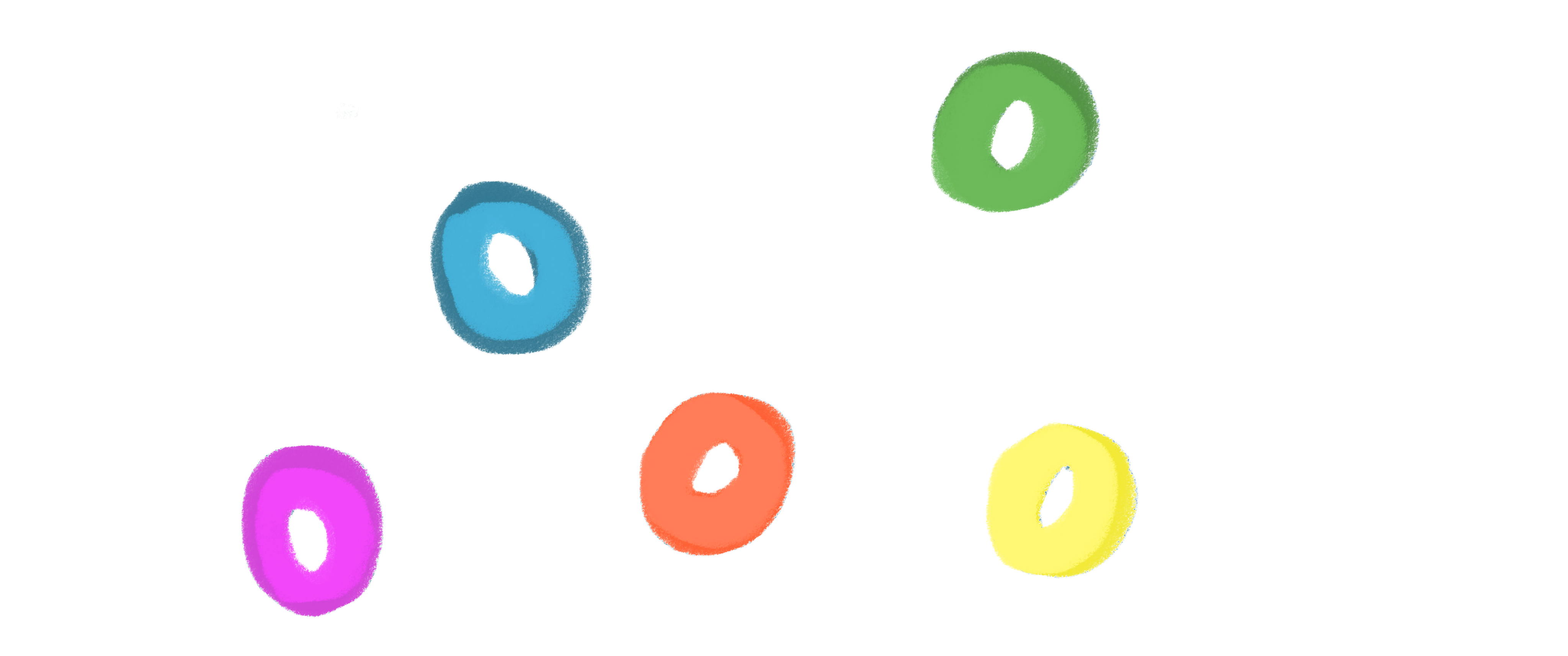 Colorful hand-drawn cereal loops in green, blue, pink, orange, and yellow