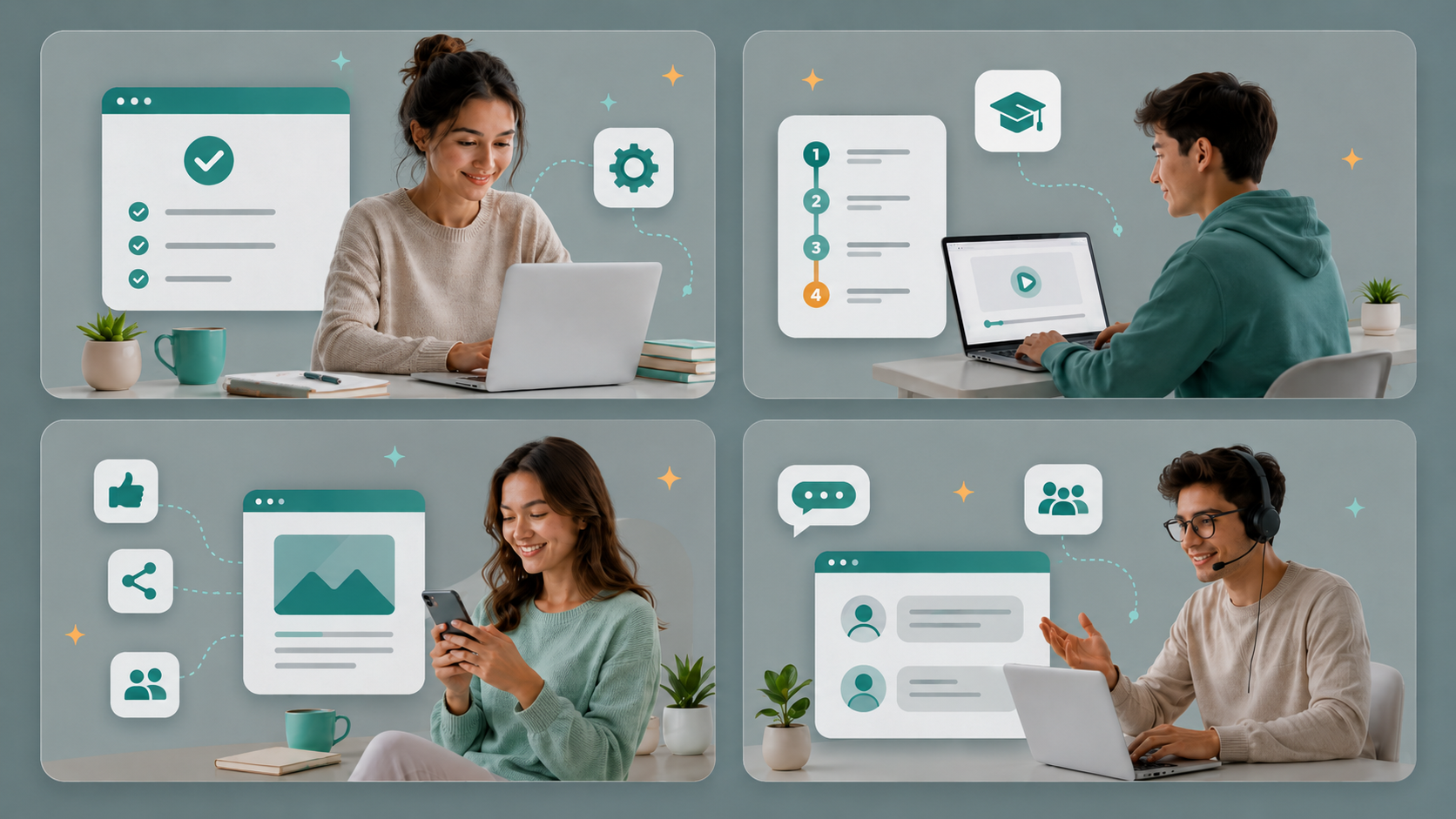 Collage of people learning online