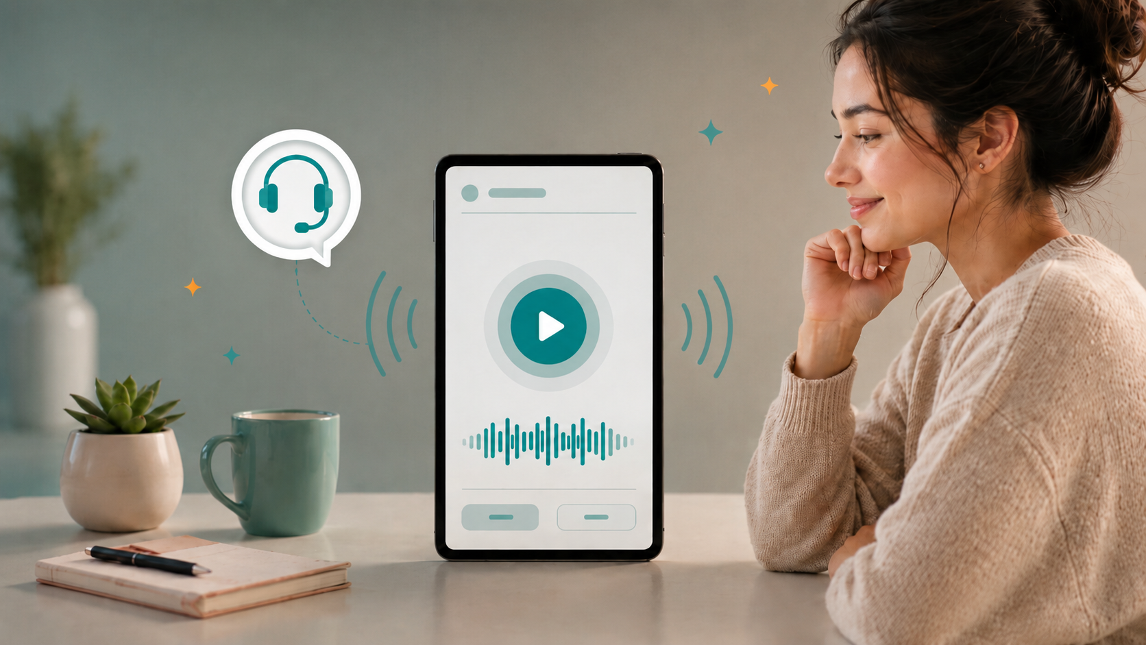 Woman listening to audio explanation