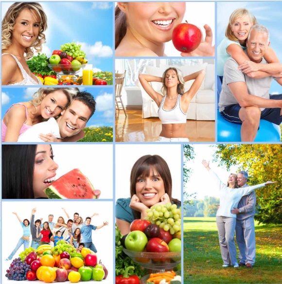 Healthy lifestyle collage with fitness, fruit, and vitality imagery