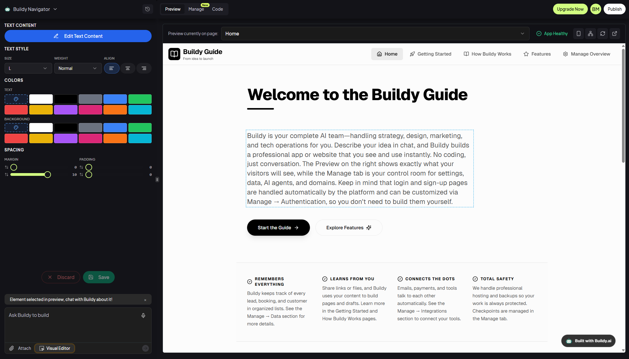 Buildy Visual Editor showing style controls on the left and page preview on the right