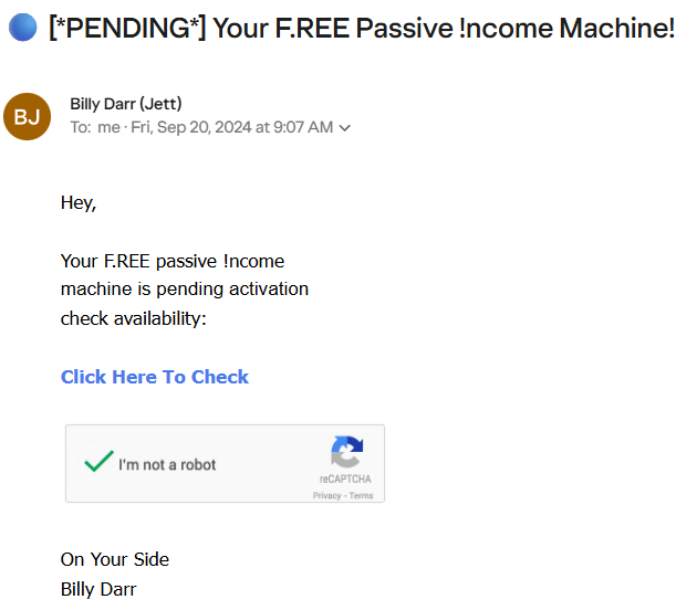Screenshot of Billy Darr promo email: pending free passive income machine