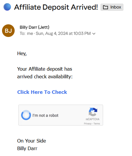 Screenshot of Billy Darr promo email: affiliate deposit arrived