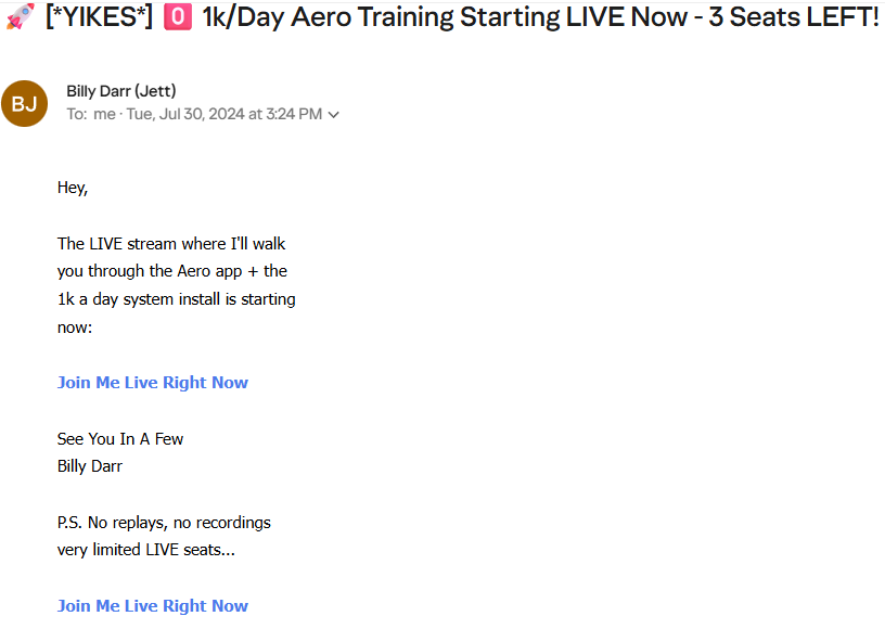 Screenshot of Billy Darr promo email: live 1k/day training urgency